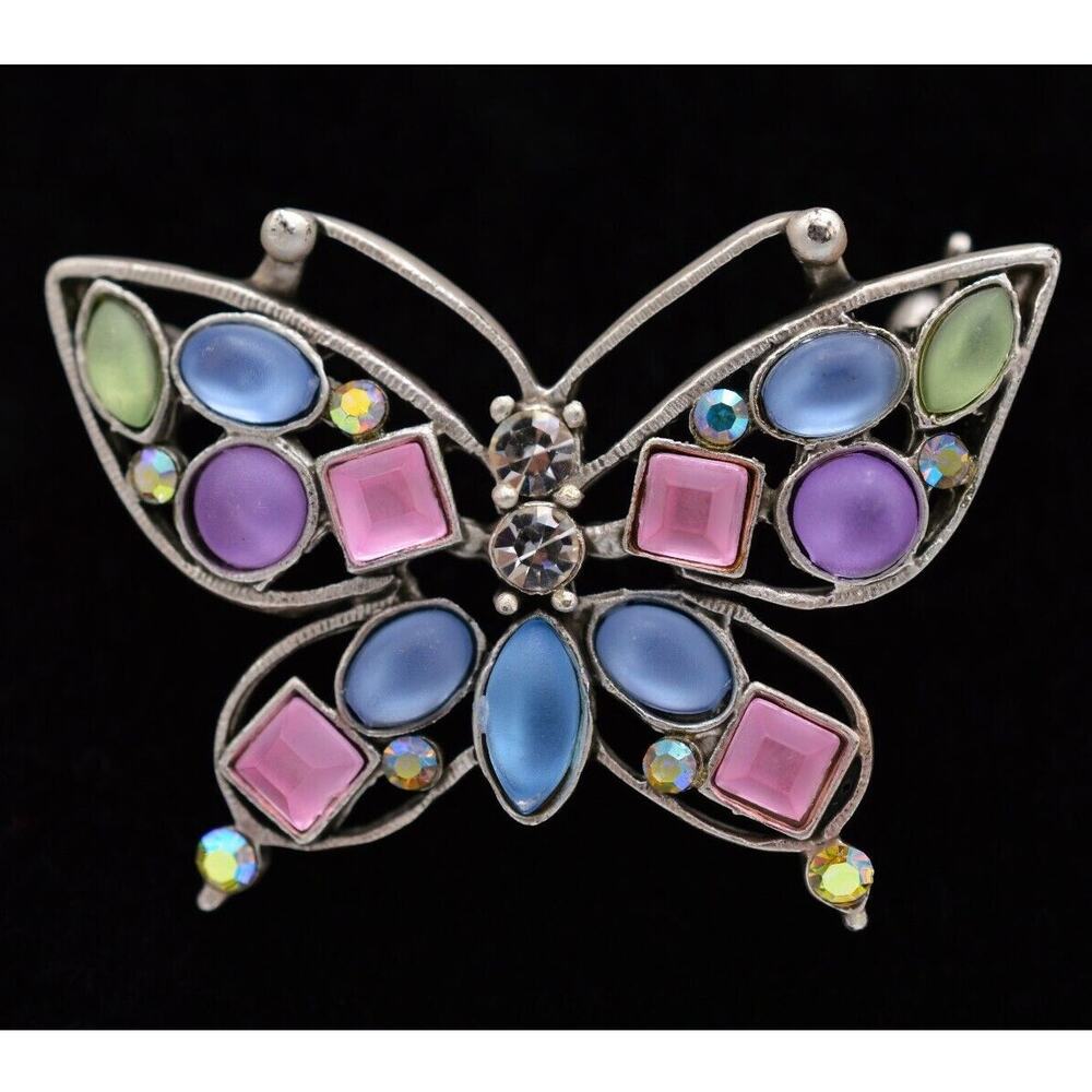 Vintage Cabochon Butterfly Pin Brooch Multi-Color Frosted Crystal Colorful BinF